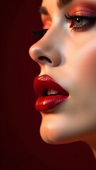 Close-Up of Woman with Glossy Red Lips and Dramatic Eye Makeup on Dark Red Background.