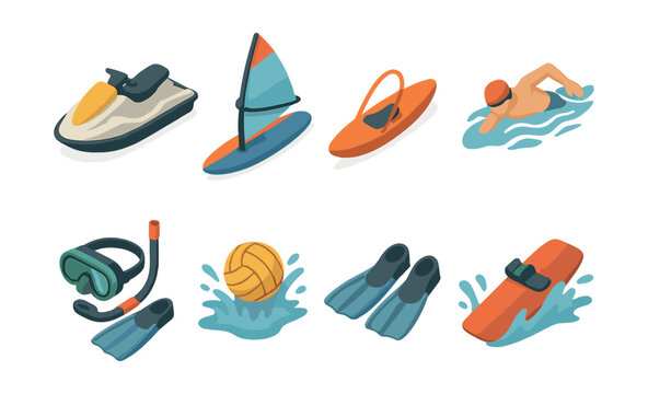 Water sports icons set – jet ski, windsurfing, kayak, swimming, snorkeling, water polo