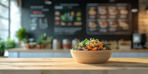 Freshly prepared vegetable salad displayed in a wooden bowl in a modern kitchen with enticing menu background