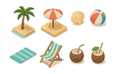 Isometric beach icons set – palm, umbrella, shell, ball, towel, chair, coconut