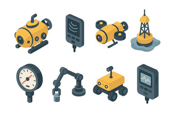 Ocean exploration gear icon set – submarine, sonar, drone, buoy, pressure, arm, rover, monitor