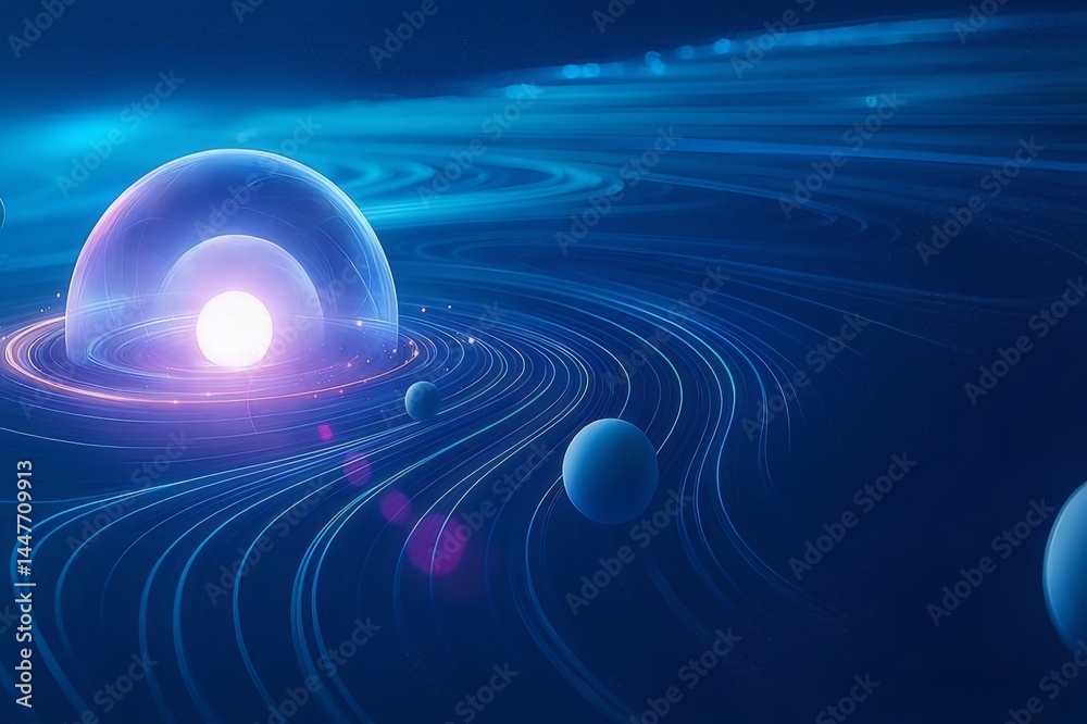 Poster 青色空間の球体と渦巻き線のアートデジタルデザイン 宇宙と光の抽象的背景 未来的なテクノロジーのイラスト
