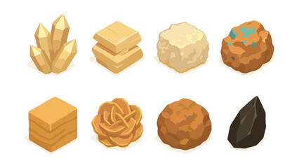 Desert mineral collection icons set – crystal, gold, salt, copper, sandstone, obsidian