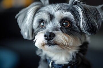 Small dog with a black collar and a white face. The dog has a black nose and is looking at the camera