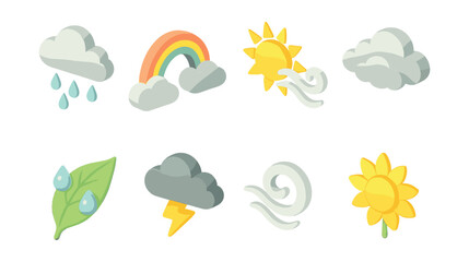 Spring weather icons set – rain, rainbow, sun, clouds, wind, leaf, lightning, flower
