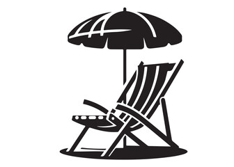 beach chair vector silhouette illustration logo, beach chair logo icon silhouette, tropical beach sunset scene palm trees beach chair and umbrella vector silhouette on white background