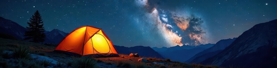 Camping tent nestled beneath Corona Arch, starry Milky Way overhead, america, corona arch
