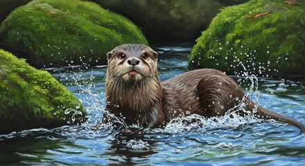 Obraz premium Otter in a river with splashing water