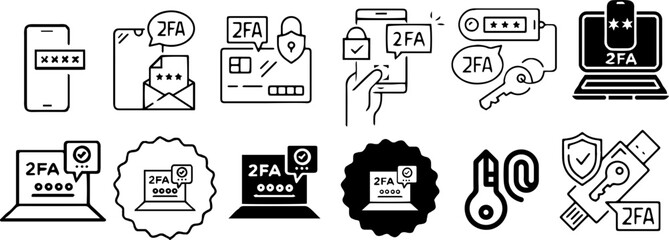 2FA and Multi-Factor Authentication Icons – Secure Login, Code Entry, and Verification Symbol Set, vectors