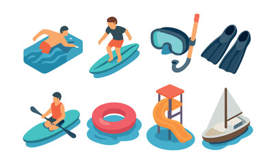 Isometric water activities icons set – swimming, surfing, snorkeling, kayaking, sailing, diving