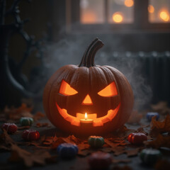 Obraz premium glowing pumpkin with carved face sits among colorful candies and autumn leaves, creating spooky yet festive atmosphere