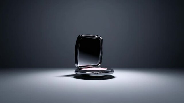 Open metallic compact with pale pink powder, showcased on a light gray surface under dramatic lighting. The minimalist scene features a reflective, chrome like container against a dark gray backdrop.