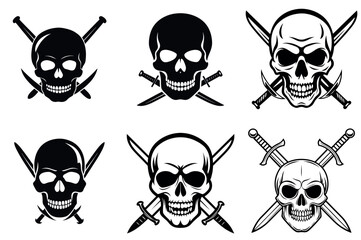 Collection of stylized skull and cross swords pirate insignia set vector images