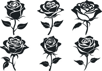 A collection of black rose vector illustrations isolated on a white background