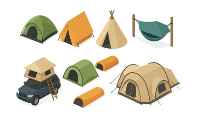 Camping icons set – tent, teepee, hammock, car roof, camper, dome, a-frame