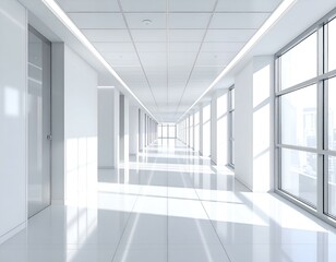 Obraz premium Bright, modern office corridor with large windows and sunlight streaming through. Clean, minimalist design. Perfect for corporate or architectural projects.