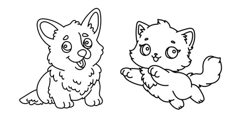 Line art coloring page for kids. Kindergarten or preschool coloring activity. Kawaii puppy and kitten friends. Cute pet vector illustration