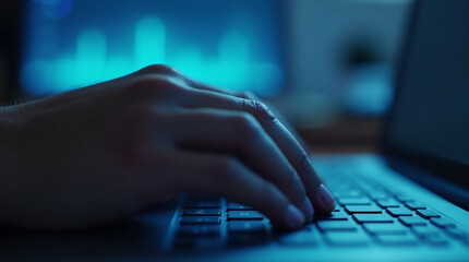 Macro shot of fingertips typing on a laptop keyboard, soft ambient light, remote work environment, focus on keys and skin texture

Close-up of blue light reflecting on eyeglasses, digital screen in