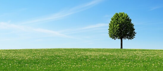 a vibrant green tree stands sentinel in a sprawling meadow under