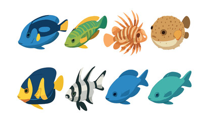 Naklejka premium Isometric tropical fish icons set – angelfish, clownfish, pufferfish, surgeonfish, dottyback