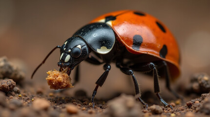 Naklejka premium Macro shot of an ant carrying a food crumb, high contrast with textured soil background, shallow depth of fieldExtreme close-up of a ladybug’s wing under magnification, visible textures and color