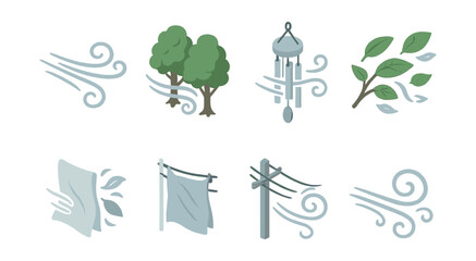 Wind sound icons set – breeze, trees, chimes, leaves, whisper, cloth, signals