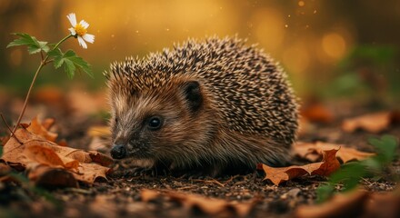 Fototapeta premium Hedgehog in autumn leaves