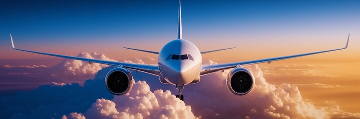 Commercial airplane flying above clouds at sunset sky