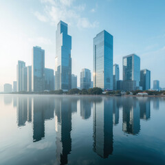 Modern skyscrapers urban skyline reflective water cityscape architecture glass buildings morning light tranquil scene business district waterfront