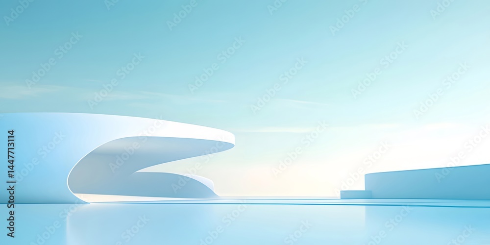 Poster 青と白の抽象的な建築デザイン 水面と青空の背景に 未来的なミニマリスト構造体