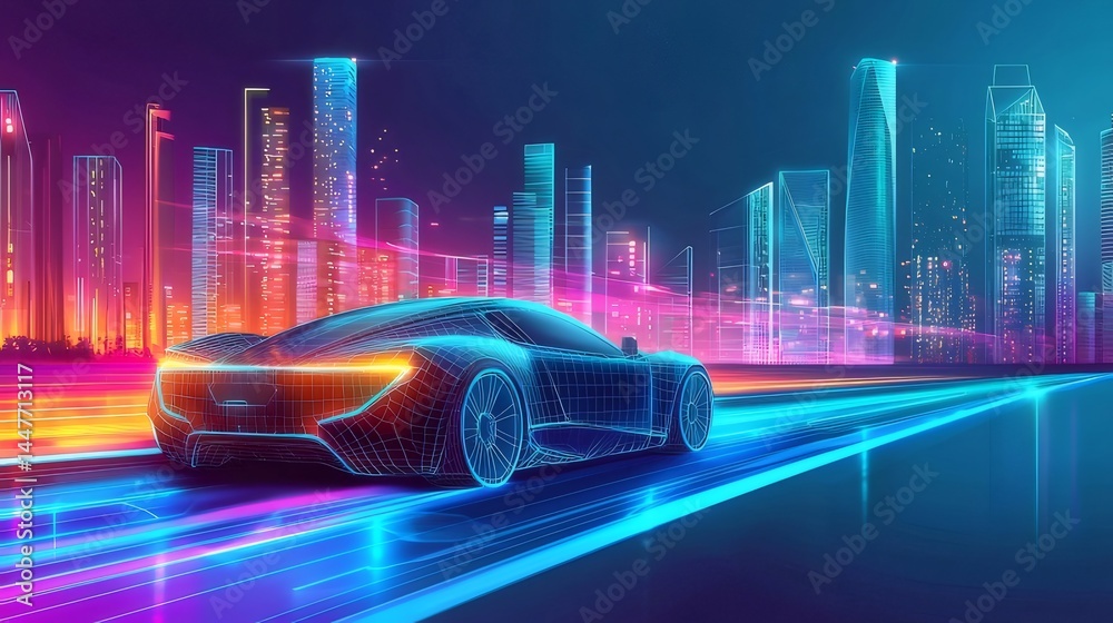 Poster 未来都市を疾走するネオン光の車 鮮やかな青紫の光線が夜景の中を駆け抜ける 近未来的なデジタルデザイン