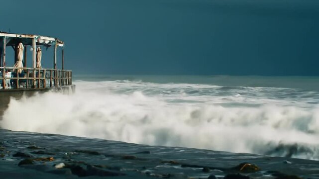 Las olas del mar chocan contra el caf&eacute; y el agua del mar fluye repetidamente hacia ti.