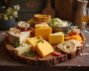 a vibrant and colorful cheese platter with a mix of traditional and modern elements. The scene should be set in a cozy, rustic kitchen where the cheese is freshly baked and ready to be enjoyed. The co