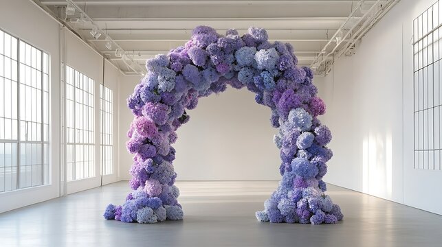 An archway made of purple hydrangeas and blue flowers stands in the middle of an empty white room. - Powered by Adobe
