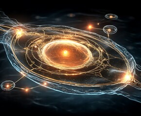 A translucent object with an internal, glowing core and external connections.