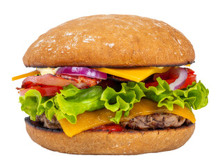 beau burger avec buns au pain complet, steak grillé, double fromage, tomates, oignon et salade -...