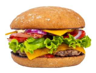 beau burger avec buns au pain complet, steak grillé, double fromage, tomates, oignon et salade - photographie studio - fond transparent