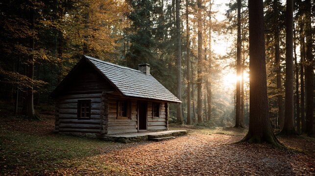 Idyllic woodland retreat: A cozy cabin bathed in autumn sunlight scenery