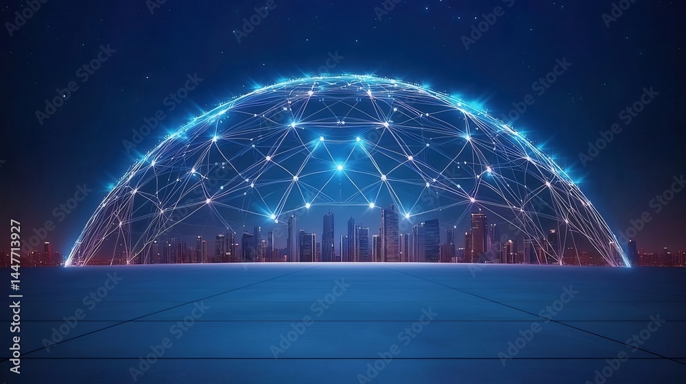 Aufkleber 青い光の球体と未来的な都市の夜景 デジタル技術と接続性の抽象的なイラスト