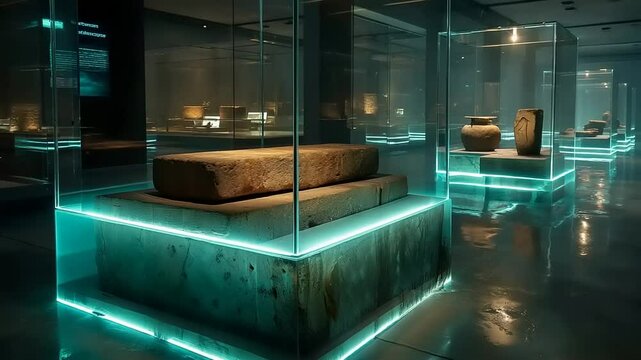 Ancient artifacts displayed in a modern museum setting