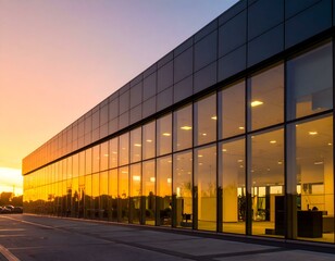 Fototapeta premium Modern glass building at sunset. Golden hour reflection in windows.