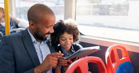 Travel, tablet and kid with father in bus for morning commute, journey and trip to school together....