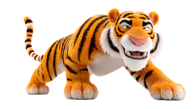 Playful cartoon tiger in dynamic pose.