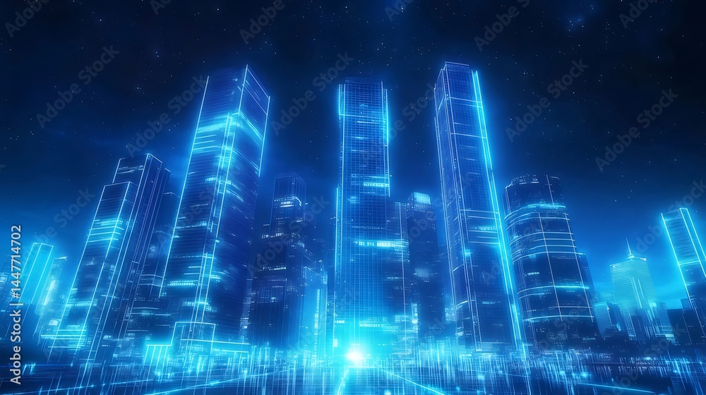 Poster 青色発光デジタル都市の夜景 未来的な高層ビル群が輝く夜空と光の抽象的背景