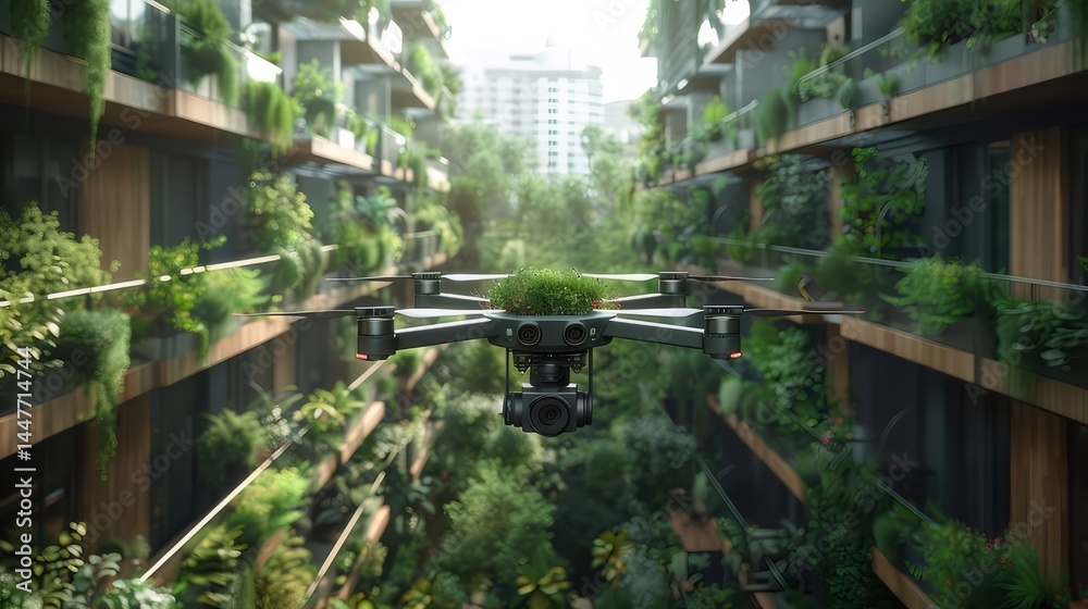 Poster 緑豊かな都市環境を飛行するドローン 空中からの壮大な風景 未来的な建築デザインと環境保護の調和
