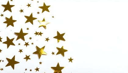 Fototapeta premium Gold stars scattered on white background. Perfect for festive designs, cards, or invitations.