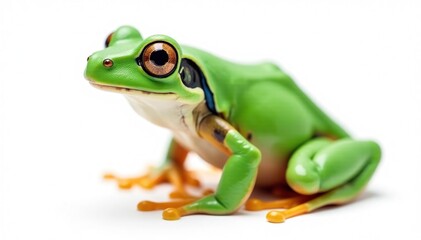 Single, vibrant green frog against pure white, white backdrop, tropical, texture