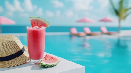 Obraz premium Glass of fresh watermelon smoothie juice drink on border of a swimming pool with pink Inflatable ring,beach umbrellas by the blue sea,holiday tropical,outdoor luxury beach resort or hotel concept.