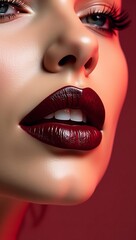Obraz premium Close-up portrait of a beautiful woman with dark red glossy lips and full lashes.