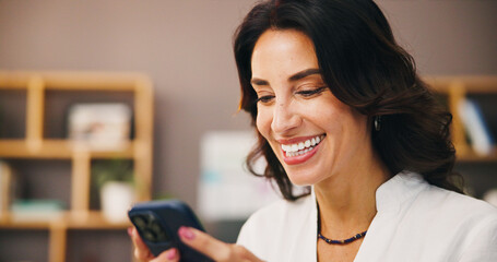 Texting, phone or happy woman in home laughing at comedy video on social media app for humor....
